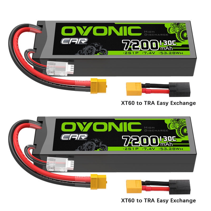 2 x OVONIC 2S 7200mAh Hardcase 7.4V 130C LiPo Battery with XT60 to TRA Plug for 1/10 scale Vehicles RC Car Truck