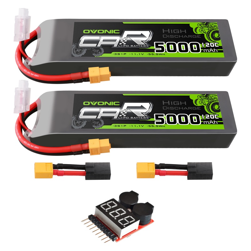 2 x OVONIC 3S LiPo Battery 11.1V 5000mAh 120C with XT60 to TRA Plug & Lipo Voltage Checker Match RC Car Truck RC Airplane Helicopter Boat RC Racing Hobby