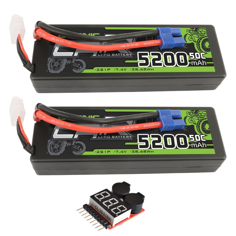 2 x OVONIC Lipo Battery 5200mAh 50C 7.4V 2S RC Battery with EC3 Connector & Lipo Voltage Checker for 1/8 & 1/10 Scale RC Cars, Trucks, RC Airplane