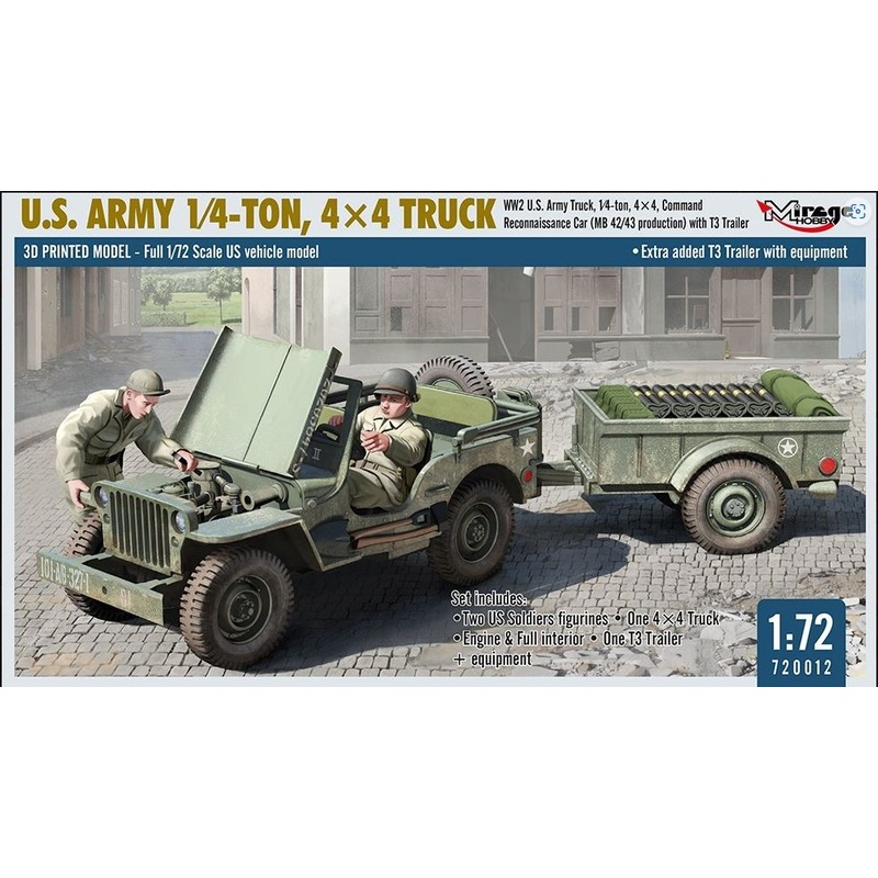 Mirage Hobby 1/72 US Army 1/4 Ton - 4x4 Truck kit with Trailer 720012