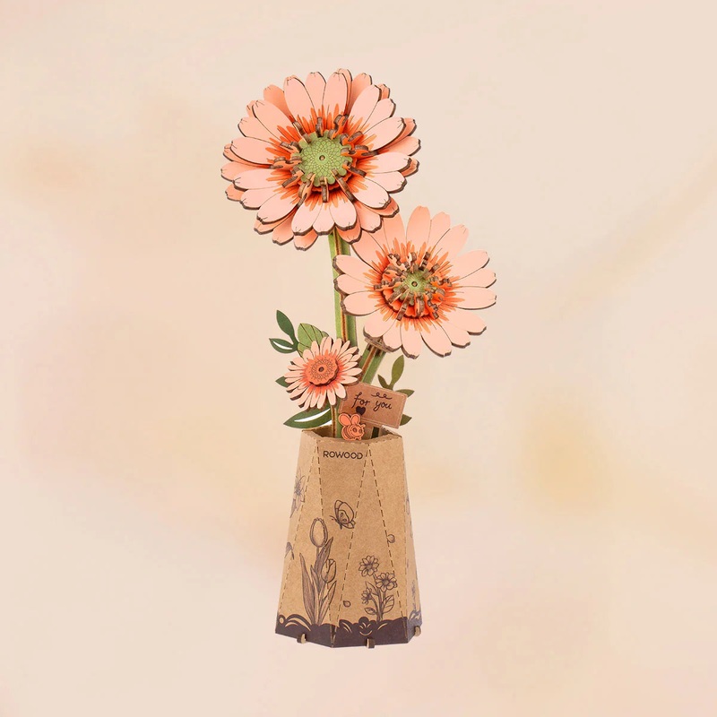 Robotime TW111 Rowood DIY Wooden Flower Bouquet (Orange Gerbera Daisy) 3D Wooden Puzzle